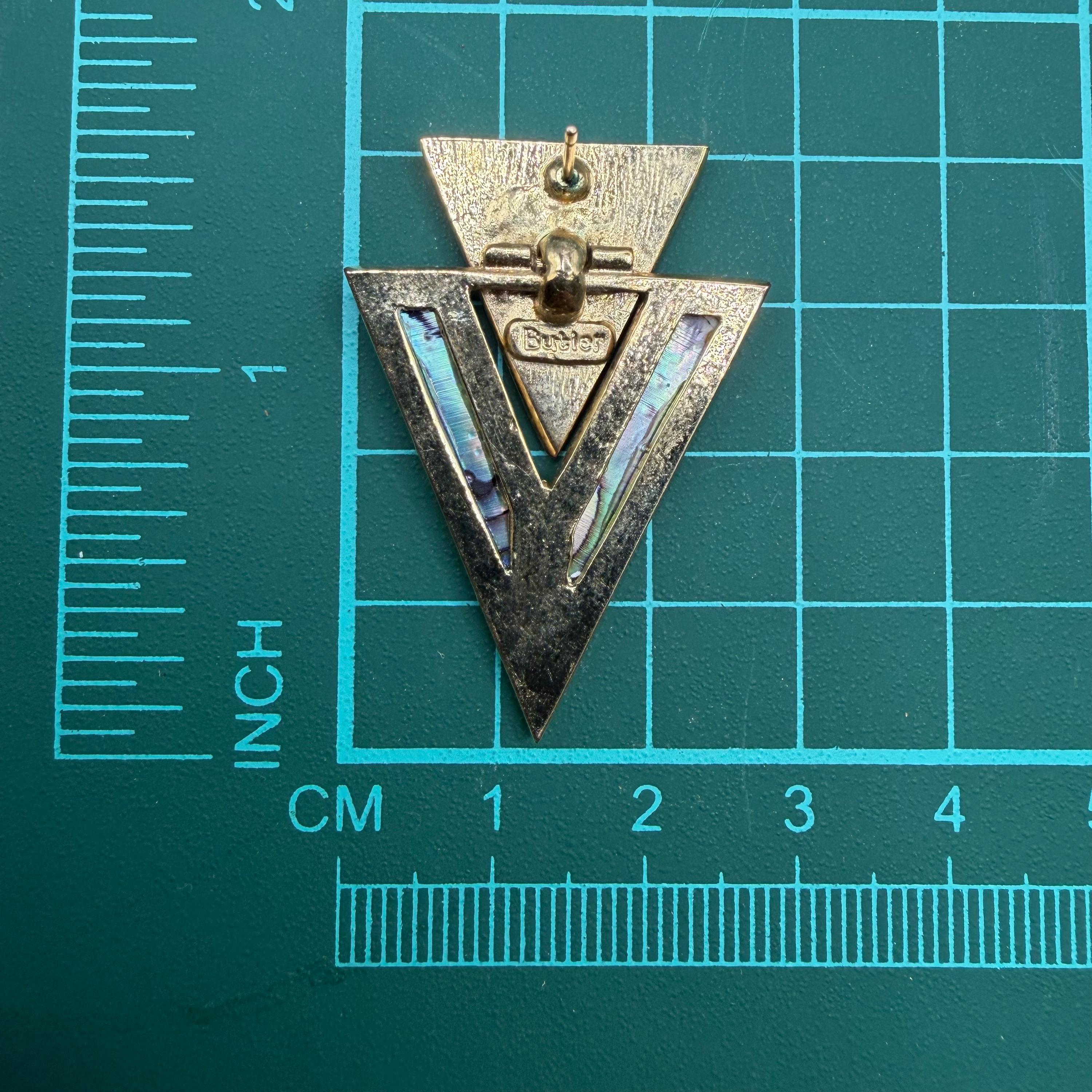 Signed Butler Geometric Abalone Shell Triangle Earrings, Gold Tone ...