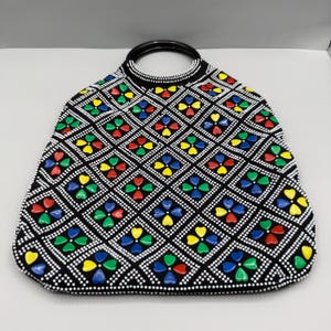 Vintage Black Beaded Handbag, Multicolor Geometric Pattern, Round Handles, Retro Evening Bag