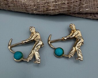 Vintage Gold Tone Miner Brooch, Pickaxe, Genuine Turquoise, 1970s Occupational Jewelry