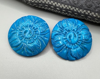 Vintage Turquoise Blue Floral Clip On Earrings | Carved Statement