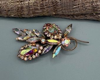Vintage Aurora Borealis Floral Spray Brooch, Iridescent Navette & Rhinestone Gold-Tone Pin, Mid-Century Modern