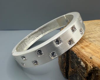 Vintage Silver Tone Rhinestone Hinged Bangle Bracelet