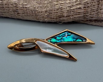 Vintage Butler Abstract Brooch, Gold Tone Abalone Mother of Pearl Geometric Jewelry