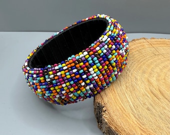 Colorful Seed Bead Cuff Bracelet, Wide Multicolored African Style Beaded Bangle