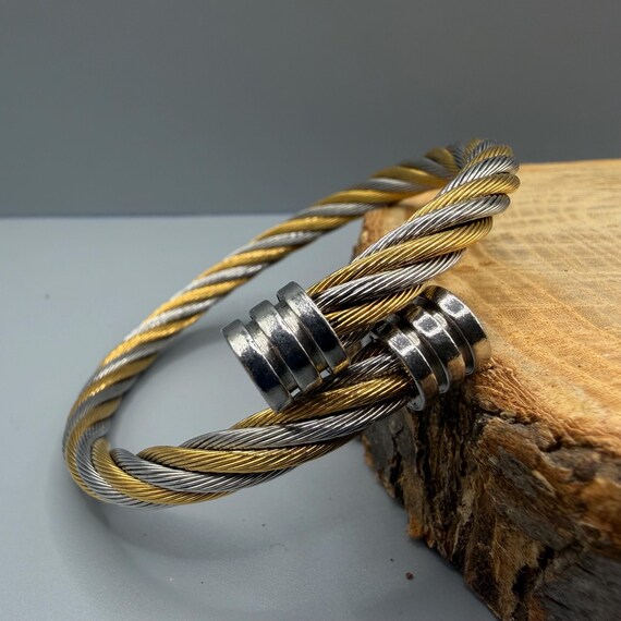 Two-Tone Twisted Cable Bangle, Adjustable Stainle… - image 2