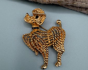 Textured Wire Poodle Brooch, Mid Century Gold Tone Dog Pin