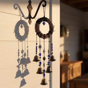 May include: A decorative wind chime with a brown woven wreath, brass bells, and blue beads. The wind chime hangs from a dark metal hook. The bells are suspended by black string, and the beads have an evil eye design.
