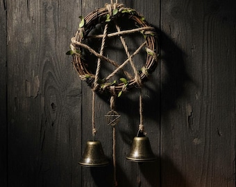 Witch Bells Decor for Home Protection – Rattan & Metal Wind Chime with Leaves – Hanging Charm