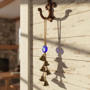 Puede incluir: Un adorno colgante de pared con una cuenta de ojo turco de vidrio azul y pequeñas campanas de latón suspendidas de un gancho de metal rústico. Las campanas cuelgan en un grupo, fijadas a una pared de madera blanca envejecida.