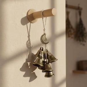 May include: A wall-mounted decoration with a wooden dowel and a cluster of small brass bells. A crescent moon charm with a star hangs above the bells. The bells are suspended from a white cord, creating a charming and elegant display.