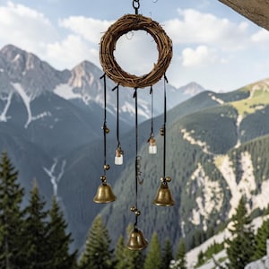 Op de afbeelding: Een rustieke windgong met een geweven krans en hangende zwarte linten. Kleine glazen flesjes, messing bellen en decoratieve bedels hangen aan de linten. De achtergrond toont een bergketen en groenblijvende bomen.