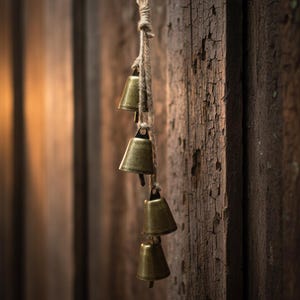 May include: A string of small, antique brass bells hanging from a natural rope. The bells are suspended against a weathered, dark brown wooden background, creating a rustic aesthetic. The bells are of varying sizes.