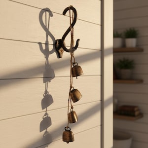 May include: A decorative wall hook with a rustic bronze finish. The hook is shaped like a stylized S and holds a string of four small bronze bells. The bells hang vertically, creating a charming, vintage aesthetic.