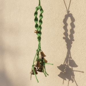 Green Hemp Rope Witch Bells Chime – Hanging Bell Decor for Spiritual Home Protection.