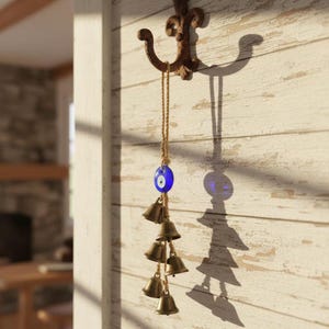 May include: A hanging ornament featuring a blue glass evil eye bead and five small brass-colored metal bells suspended from a twisted tan rope. The ornament is attached to a dark, weathered metal hook with a curved, ornate design.