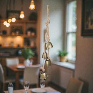 May include: A decorative hanging bell chime. The chime features five small, antique brass-colored bells suspended from a natural rope. The bells are arranged in a vertical line, creating a rustic and charming aesthetic.