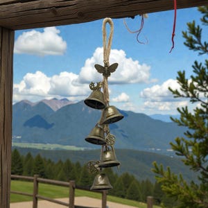 May include: A hanging wind chime with five bronze-colored bells suspended from a natural rope. Decorative metal accents include a butterfly and ornate charms. The background features a scenic view of mountains and a blue sky.