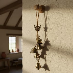 Peut inclure: Une cloche à vent décorative avec des cloches en laiton et un motif papillon. La cloche est suspendue à un crochet en bois avec une corde naturelle. Les cloches sont suspendues à différentes longueurs, créant un accent visuel et mélodique.