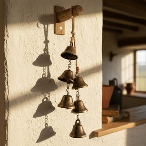Könnte beinhalten: Ein rustikaler Windspiel mit sechs bronzefarbenen Glocken, die an einem Holzbalken und einem Seil aufgehängt sind. Der Holzbalken ist an einer strukturierten weißen Wand befestigt. Die Glocken sind unterschiedlich groß und hängen in zwei vertikalen Reihen.