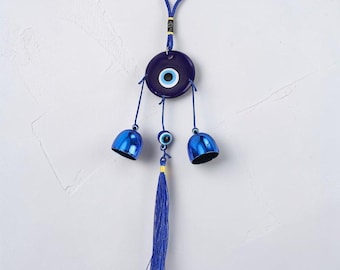 Evil Eye Hanging Bells Wall Decor – Blue Metal & Hemp Luck Charm for Home Protection.