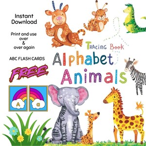 May include: A colorful illustration featuring the text "Alphabet Animals" and various cartoon animals, including a giraffe, zebra, and elephant. The image also includes the text "Instant Download" and "ABC Flash Cards".