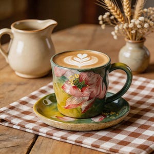 Puede incluir: Una taza de cerámica y su plato a juego con un diseño de flor de loto rosa pintado a mano sobre un fondo verde y amarillo. La taza está llena de café con arte latte en forma de corazón y se apoya sobre un paño de cuadros marrones y blancos.
