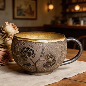 Hand-Carved Floral Stoneware Coffee Mug, Artisan Textured Ceramic Cup, Rustic Botanical Gift for Her
