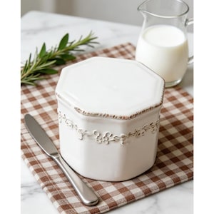 May include: An octagonal white ceramic butter dish with a lid, featuring a raised floral relief pattern around the centre and distressed brown edges. The container has a smooth finish and is accompanied by a silver-toned metal butter knife.