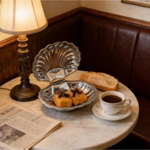 May include: A silver-toned metal clam shell dish with a hinged lid, containing two small square orange cakes topped with dark shavings. The dish is placed on a round white marble table next to a white teacup, a loaf of bread, and a newspaper.