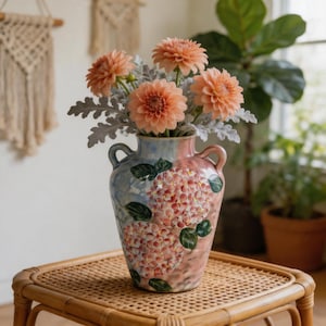 Custom Hand Painted Hydrangea CeramicVase, Hand-ThrownDoubleHandle Pottery,Vintage UnderglazeFloralVessel forLivingRoomHydroponic Home Decor