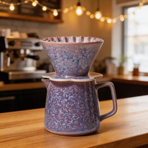 PersonalizationArtisan Ceramic Pour Over Coffee Set, Lila Glasyr Droppservis, Presentask