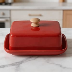 May include: A rectangular red ceramic butter dish with a matching lid and a wooden knob. The dish sits on a matching base, perfect for serving butter. The design is simple and elegant, suitable for any kitchen.