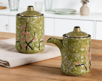 Bottiglia per condimenti in ceramica giapponese personalizzata – Decorazione floreale sottosmalto, dispenser da cucina