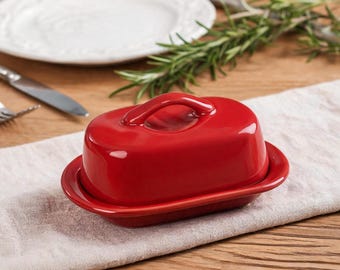 Custom GlossyRed MiniCeramicButterDishwithLidPersonalized SmallCovered SauceDipBowlWesternTableware Condiment Serving Tray Housewarming Gift