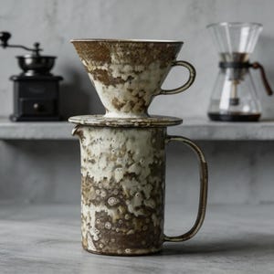 May include: A ceramic coffee pour-over set with a brown and cream speckled glaze. The set includes a carafe with a handle, a lid, and a cone-shaped dripper. A manual coffee grinder and a glass coffee maker are in the background.