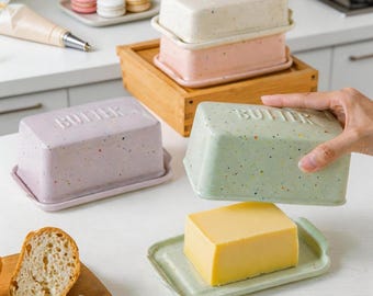 PersonalisierungGesprenkelte Pastellkeramik-Butterdose, geprägte "Butter" mit Deckel, bunte Küchen-Aufbewahrung