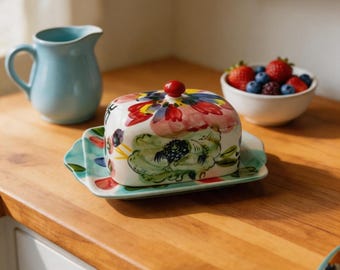 Custom Watercolor Floral Ceramic Butter Dish, Lidded Butter Keeper, Hand Painted Flower Tableware, Farmhouse Housewarming Kitchen Gift