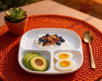 Customizable Japanese Ceramic Divided Plate | 3-Compartment Portion Control Plate for One-Person Meals, Breakfast & Dieting