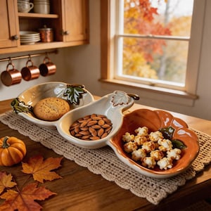 Custom Handmade Pumpkin Divided Ceramic Dish, Fall Harvest 3-Section Snack Tray, Thanksgiving Serving Bowl
