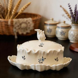 Könnte beinhalten: Eine cremefarbene Keramik-Butterdose mit gewelltem Rand und einem kleinen, vogelgeformten Griff auf dem Deckel. Das Geschirr ist mit einem zarten Muster aus kleinen blauen Blumen und dunkelgrünen Blättern auf dem Deckel und dem Boden verziert.