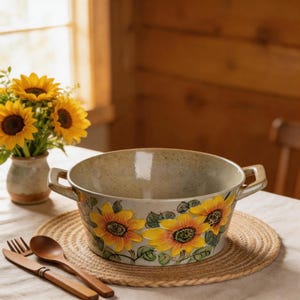 May include: A ceramic serving bowl with a speckled beige finish, adorned with vibrant yellow sunflowers and green leaves. The bowl has two handles and sits on a woven placemat. A vase of sunflowers and wooden utensils are nearby.