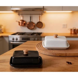Mantequera de cerámica negra personalizable con pomo de madera / Mantequera con tapa de estilo nórdico, recipiente para mantequilla y queso para la cocina.