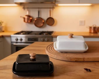 Anpassbare schwarze Keramik-Butterschale mit Holzknopf | Bedeckter Butterbehälter im nordischen Stil, Butter- und Käsebehälter für zu Hause