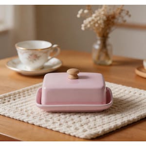 Puede incluir: Una mantequera de cerámica rosa con un pomo de madera en la tapa. El plato está sobre un salvamanteles texturizado de color crema. Una taza de té y un platillo con diseños florales están en el fondo, junto a un pequeño jarrón con flores secas.
