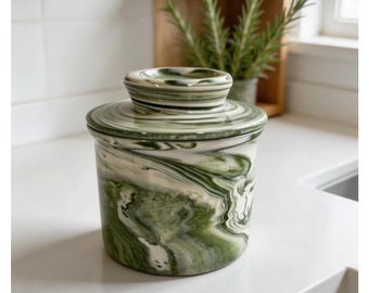 Customizable Marble Swirl Ceramic Butter Crock | Water-Sealed French Butter Keeper