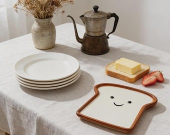 Piatto in ceramica personalizzato a forma di toast con faccina sorridente - Piatto da dessert/colazione in stile nordico con incisione personalizzata
