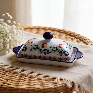 May include: A white ceramic butter dish with a floral design in red, blue, and orange. The dish has a dark blue rim and handles, and a dark blue knob on the lid. The rectangular dish sits on a beige surface. The dimensions are approximately 18 cm long.