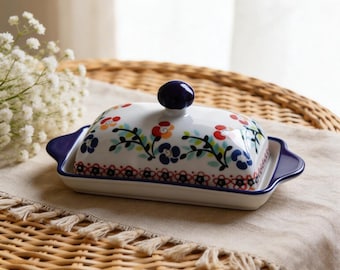 PersonnalisationBeurrier en céramique floral peint à la main avec couvercle | Beurrier d'art populaire, assiette à thé