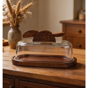 May include: A butter dish with a glass dome and wooden base and handle. The dish is on a wooden table. The handle is made of dark wood. A vase of dried wheat is in the background. The dish is suitable for serving butter.