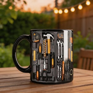 Könnte beinhalten: Schwarze Keramik-Tasse mit Werkzeugkasten-Design, das verschiedene Werkzeuge wie Hammer, Schraubenschlüssel und Schraubendreher zeigt. Die Werkzeuge sind in einem Raster angeordnet, mit orangefarbenen und gelben Akzenten. Die Tasse steht auf einem Holztisch.